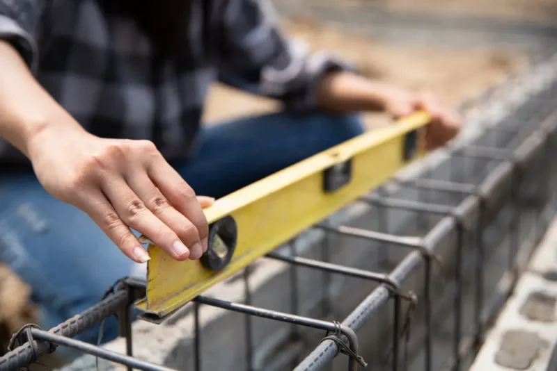 Maestro de construcción midiendo nivel horizontal con nivel de mano.